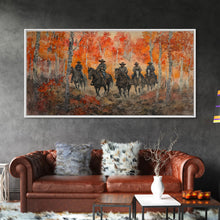 Load image into Gallery viewer, Framed Canvas Print Horseback Riders in Rustic Fall Forest, Cowboy Theme Wall Art, Autumn Home Decor, and Seasonal Canvas Wall Print
