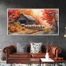 Load image into Gallery viewer, Framed Canvas Print Autumn Farm with Sheep and Pumpkins, Perfect Fall Decor, Rustic Country Home Wall Art, Seasonal Autumn Canvas Print
