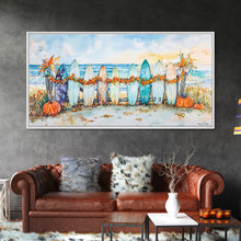 Load image into Gallery viewer, Framed Canvas Print Beach Scene with Surfboards and Pumpkins, Fall Beach Decor, Autumn Coastal Wall Art, Perfect Fall Beach Theme
