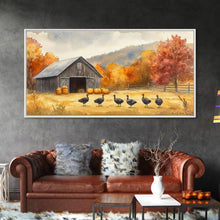 Carregar imagem no visualizador da galeria, Framed Canvas Print Rustic Barn with Pumpkins and Turkeys, Perfect Autumn Farmhouse Decor, Fall Wall Art, Country Autumn Scene
