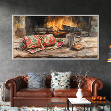 Carregar imagem no visualizador da galeria, Canvas Print Cozy Fireplace with Christmas Blanket and Mug, Rustic Christmas Decor, Holiday Home Art, Warm Christmas Wall Art

