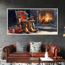 Carregar imagem no visualizador da galeria, Canvas Print Rocking Chair and Cowboy Boots by Fireplace, Cozy Christmas Decor, Western Holiday Wall Art, Rustic Christmas Scene
