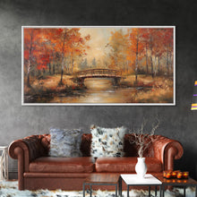 Carregar imagem no visualizador da galeria, Autumn Bridge Over Quiet River Tall Art Framed Canvas Print Serene Fall Landscape With Colorful Foliage And Peaceful Reflections
