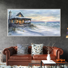 Carregar imagem no visualizador da galeria, Beach Christmas decor Framed Canvas Print winter wonderland cabin Christmas vacation decor coastal Christmas wall art holiday gift idea
