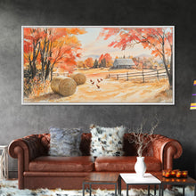 Carregar imagem no visualizador da galeria, Autumn farmhouse decor Canvas Print fall landscape with barn and chickens harvest season gift idea rustic fall wall art holiday home decor
