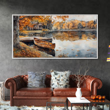Cargar imagen en el visor de la galería, Fall lake house decor Framed Canvas Print serene lakeside cabin canoe rustic autumn wall art seasonal decor gift idea cozy fall home decor
