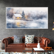 Load image into Gallery viewer, Christmas winter cabin Framed Canvas Print snowy lakeside cabin Christmas tree cozy holiday decor winter wonderland art Christmas wall decor
