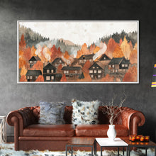 Carregar imagem no visualizador da galeria, Autumn village decor Framed Canvas Print rustic village with fall trees cozy seasonal wall art gift idea moody landscape autumn home decor
