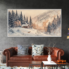 Load image into Gallery viewer, Christmas winter cabin Canvas Print snowy mountain cabin deer cozy holiday wall art winter wonderland seasonal decor Christmas gift idea
