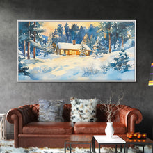 Load image into Gallery viewer, Winter cabin decor Framed Canvas Print snowy cabin and trees winter wonderland cozy holiday wall art gift idea Christmas home decor
