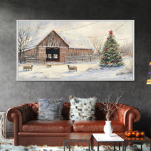 Cargar imagen en el visor de la galería, Christmas Barn Snow Sheep Canvas Print Christmas Farmhouse Decor Rustic Christmas Wall Art Framed Canvas Print Christmas Outdoor Decor
