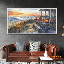 Load image into Gallery viewer, Beach Thanksgiving Table Pumpkins Canvas Print Fall Beach Decor Autumn Coastal Wall Art Framed Canvas Print Seasonal Wall Art

