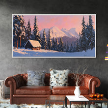 Load image into Gallery viewer, Snowy Mountain Cabin Tall Art Framed Canvas Print Cozy Winter Cabin Nestled In Snowy Forest With Majestic Mountain Landscape
