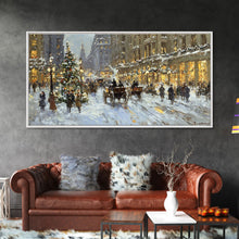 Carregar imagem no visualizador da galeria, Bustling Christmas Street Scene Tall Art Framed Canvas Print Vintage Winter Holiday Scene With Horse-Drawn Carriages And Festive Lights
