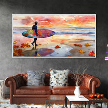 Carregar imagem no visualizador da galeria, Autumn Surfing Sunset Canvas Print | Fall Surf Art Gift | Seasonal Wall Art Decor | Gift Idea | Beach Decor Fall Theme | Framed Canvas Print
