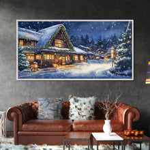 Load image into Gallery viewer, Cozy Snowy Christmas Cabin Scene Canvas Print | Winter Wonderland Christmas Wall Art | Rustic Christmas Decor | 2024 Holiday Art Gift
