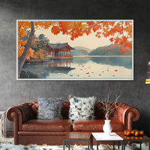 Carregar imagem no visualizador da galeria, Autumn Japanese Lake House Canvas Print | Fall Wall Art Home Decor | Seasonal Fall Art | Gift Idea | 2024 Autumn Home Wall Art
