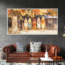 Carregar imagem no visualizador da galeria, Autumn surfboards art, canvas print featuring surfboards with fall leaves, cozy fall home decor, rustic wall art, autumn vacation gift idea
