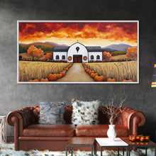 Carregar imagem no visualizador da galeria, Autumn pumpkin farm with barn, canvas print, fall farmhouse decor, rustic autumn home decor, cozy fall harvest wall art for seasonal display

