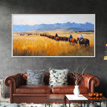 Load image into Gallery viewer, Cowboys Framed Canvas Print Western Country Horse Ride Scenic Art Large Landscape Wall Decor Ideal Holiday and Ranch Home Gift
