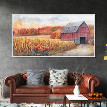 Carregar imagem no visualizador da galeria, Autumn Barn with Pumpkins in Wheelbarrow, Farmhouse Fall Decor, Framed Canvas Print, Seasonal Wall Art, Country Home Decor, Gift Idea
