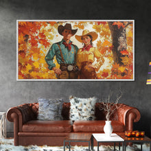 Carregar imagem no visualizador da galeria, Autumn Cowboy In Forest Framed Canvas Print Western Cowboy Wall Art Fall Cowboy Gift Rustic Wall Decor Moody Landscape Above Sofa
