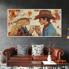 Load image into Gallery viewer, Cowgirl &amp; Cowboy Enjoy Some Hot Chocolate, Art For Couples, Framed Canvas Print, Rustic Farmhouse Home Decor, Wall Art Rustic Decor
