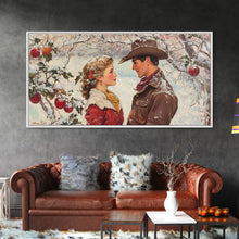 Load image into Gallery viewer, Cowboy and Cowgirl meet under the mistletoe, framed canvas print, cute winter wall art, Christmas home decor, seasonal rustic decor
