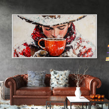 Load image into Gallery viewer, Cowboy in forest with burning fire, deep autumn hues, Framed Canvas Print, moody landscape, fall western art, rustic wall piece, wall decor

