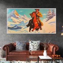 Load image into Gallery viewer, Cowboy in red jacket riding through snow-covered forest, Framed Canvas Print, vibrant winter wall art, rustic western decor
