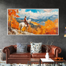 Load image into Gallery viewer, Cowboy on autumn swing, Framed Canvas Print, rustic Western art with vibrant fall, tall framed canvas print autumn decor farmhouse wall art
