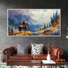 Load image into Gallery viewer, Close-up of Western cowgirl in fall foliage, Framed Canvas Print, modern tall art farmhouse gallery wall, rustic cowboy aesthetic wall print
