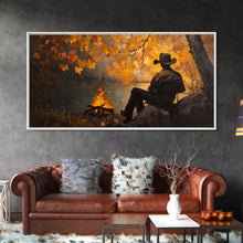 Load image into Gallery viewer, Cozy autumnal Framed Canvas Print featuring a woman with a mug, surrounded by vibrant fall leaves, perfect seasonal wall art for cozy spaces
