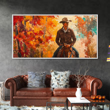 Load image into Gallery viewer, Cowboy Riding Through The Autumn Trees, Framed Canvas Print, Rustic Farmhouse Wall Art, Boho Style Seasonal Watercolor Painting
