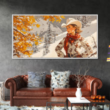 Cargar imagen en el visor de la galería, Charming Framed Canvas Print of a Cowgirl in Autumn Leaves, Perfect Fall Wall Decor and Gift Idea for Fans of Western Art Rustic Home Decor

