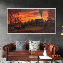 Carregar imagem no visualizador da galeria, Autumn Sunset With Pumpkins And Horse Wagon, Cozy Fall Landscape Wall Art, Rustic Country Framed Canvas Print, Warm Autumn Home Decor
