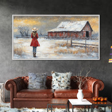 Load image into Gallery viewer, Barn Painting Framed Canvas Print, Cowgirl and her Barn, Rustic Farmhouse Decor, Winter Painting, Winter Wonderland, Farmhouse Wall Art
