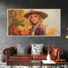 Load image into Gallery viewer, Cowgirl Amongst The Fall Leaves, Framed Canvas Print, Serene Fall Wall Decor, Perfect Rustic Seasonal Wall Art and Gift Idea
