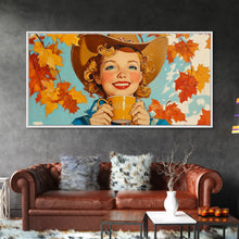 Load image into Gallery viewer, Cowgirl Having A Cup Of Joe, Framed Canvas Print, Farmhouse / Western Rustic Charm, Seasonal Art Piece to Warm Up Your Home Decor This Fall
