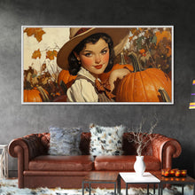 Load image into Gallery viewer, Cowgirl In A Pumpkin Patch, Framed Canvas Print, Retro Style Fall or Thanksgiving Wall Art, Farmhouse Decor, Christmas Wall Decor Gift
