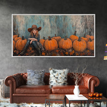 Load image into Gallery viewer, Cute Cowgirl In A Pumpkin Patch, Framed Canvas Print, Fall / Thanksgiving Decor, minimalist seasonal art for autumn or Christmas decor
