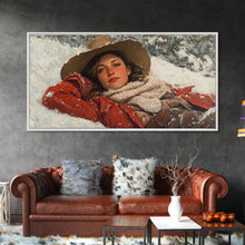 Load image into Gallery viewer, Cowgirl Laying In The Snow Framed Canvas Print, Cute Rustic Decor, Cowgirl Portrait Painting, Winter Wall Art
