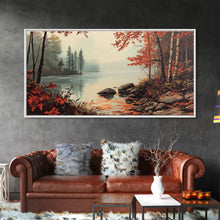 Carregar imagem no visualizador da galeria, Fall On The River, Rustic Landscape Painting, Primitive Wall Art, Framed Canvas Print, retro festive holiday wall art Christmas decor

