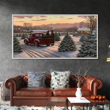 Cargar imagen en el visor de la galería, Christmas Tree Farm Framed Canvas Print, Red Truck Winter Scene, Farmhouse Christmas Decor, Christmas Vacation Decor, Holiday Art Gift

