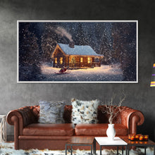 Load image into Gallery viewer, Cozy Cabin in Snow Framed Canvas Print, Winter Wonderland Scene Art, Rustic Christmas Decor, Holiday Wall Art, Seasonal Gift Idea

