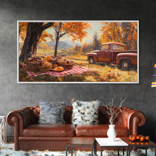 Carregar imagem no visualizador da galeria, Fall Picnic Afternoon Framed Canvas Print, Rustic Farmhouse Decor, Autumn Country Landscape Art, Modern Farmhouse Wall Art, Seasonal Gift
