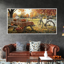 Load image into Gallery viewer, Autumn picnic with apples and plaid tablecloth, fall farmhouse decor, canvas print, country autumn art, autumn wall decor
