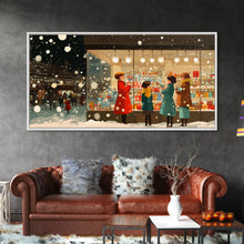 Cargar imagen en el visor de la galería, Christmas Window Shopping Scene Framed Canvas Print, Nostalgic Winter Holiday Wall Art Decor, Best Christmas Gift Idea, City Christmas Decor
