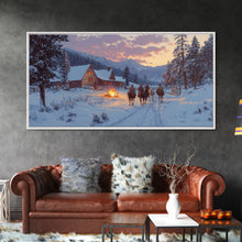 Load image into Gallery viewer, Cowboys and Log Cabin Winter Christmas Framed Canvas Print, Rustic Mountain Holiday Scene Art, Best Christmas Gift Idea, Winter Decor
