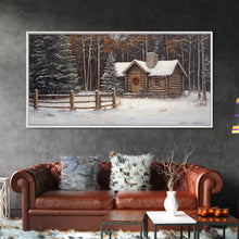Load image into Gallery viewer, Snowy Log Cabin Christmas Framed Canvas Print, Rustic Winter Wonderland Art, Cozy Holiday Decor, Best Gift Christmas Wall Art
